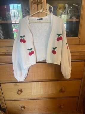 SHEIN White Cropped Cardigan with Red Cherry Embroidery